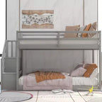 Lit superposé Okak Twin sur Twin en bois massif, lit superposé bas avec échelle de rangement et barrière de sécurité pour enfants et adolescents, facile à monter