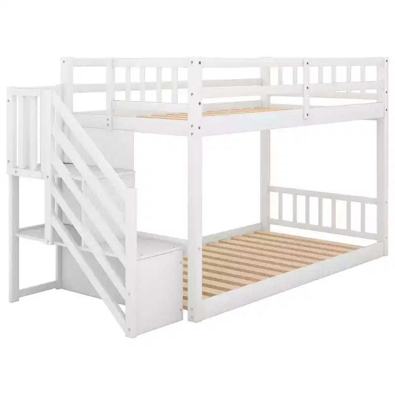 Lit superposé Okak Twin sur Twin en bois massif, lit superposé bas avec échelle de rangement et barrière de sécurité pour enfants et adolescents, facile à monter