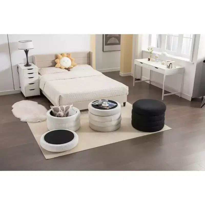 Okak Banc ottoman de rangement rond moderne, Chaise de vanité, Tabouret repose-pieds rembourré en velours doux avec étagère en bois pour canapé, chambre, entrée