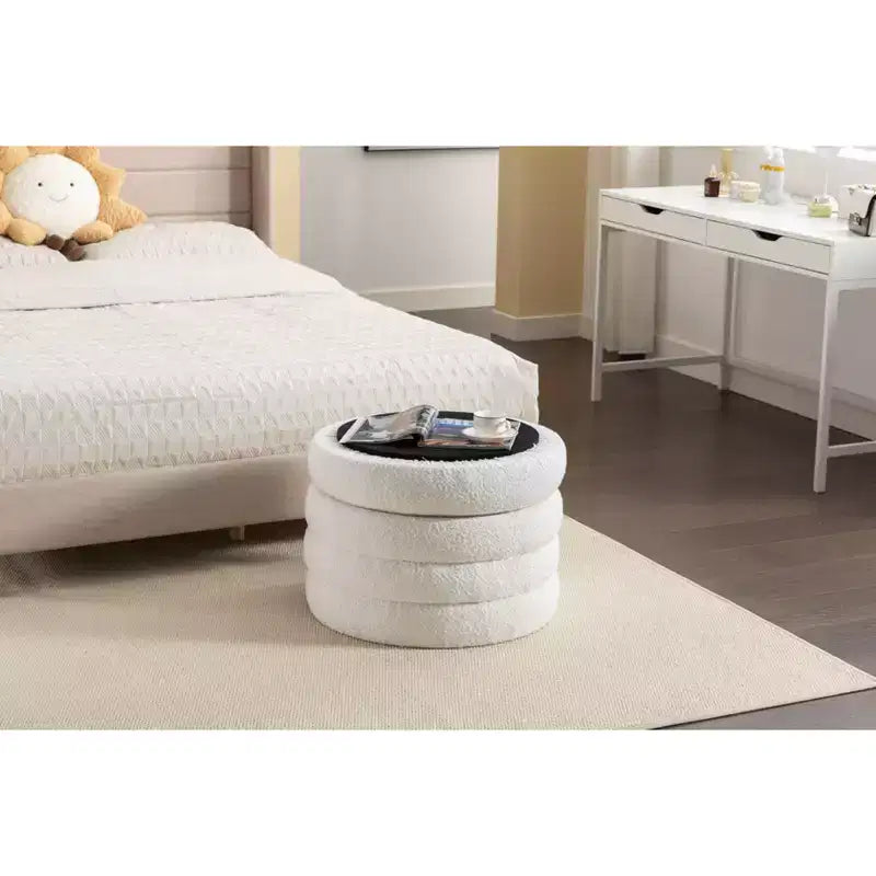 Okak Banc ottoman de rangement rond moderne, Chaise de vanité, Tabouret repose-pieds rembourré en velours doux avec étagère en bois pour canapé, chambre, entrée