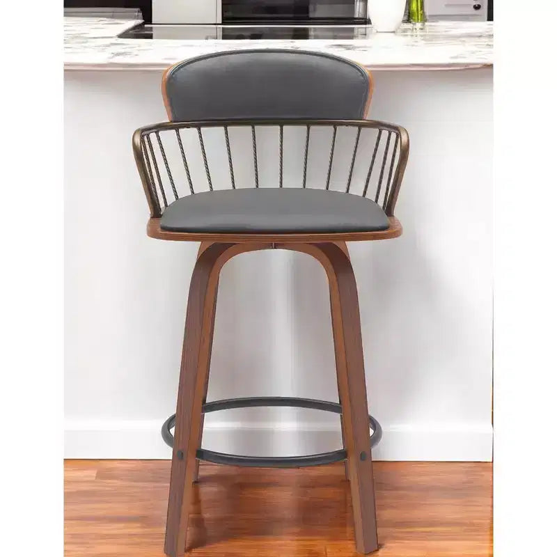 Chaise de bar pivotante à dossier bas en similicuir gris et bois marron HomeRoots 26, hauteur comptoir