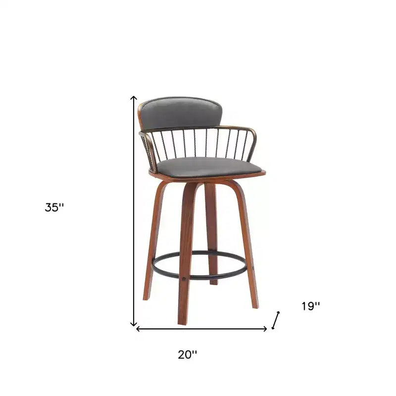 Chaise de bar pivotante à dossier bas en similicuir gris et bois marron HomeRoots 26, hauteur comptoir