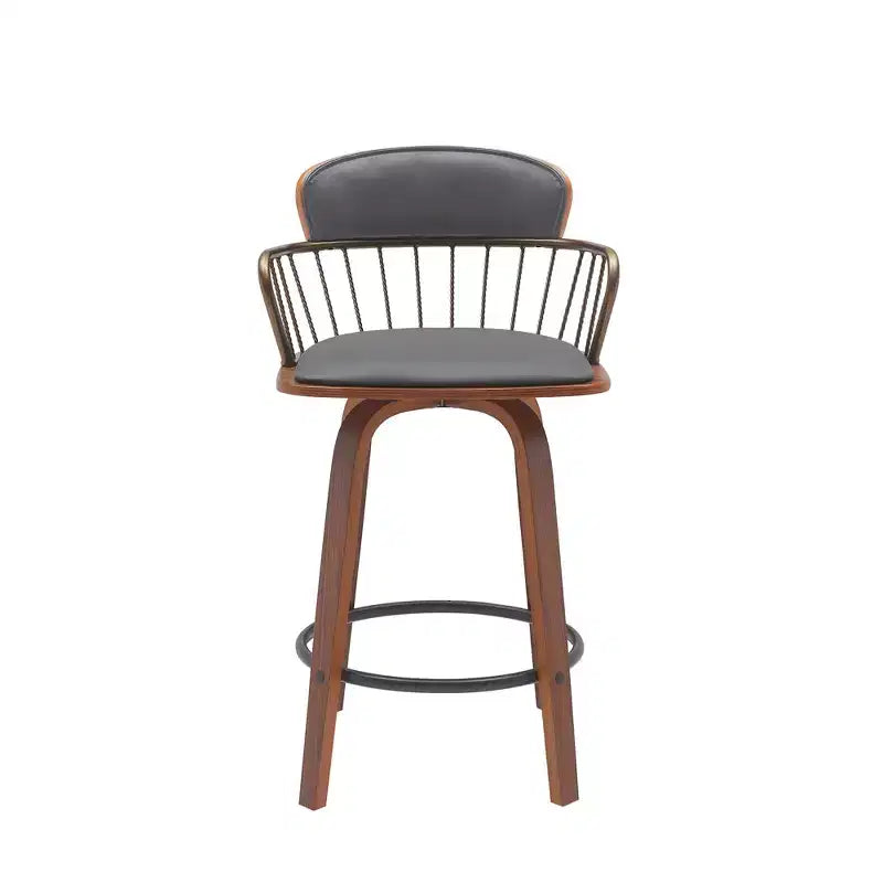 Chaise de bar pivotante à dossier bas en similicuir gris et bois marron HomeRoots 26, hauteur comptoir