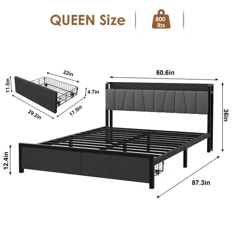 Cadre de lit Queen Size Garvee avec tête de lit de rangement, plateforme industrielle Queen avec 2 tiroirs et station de charge, noir, sommier tapissier non requis