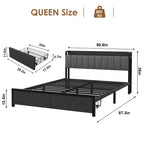 Cadre de lit Queen Size Garvee avec tête de lit de rangement, plateforme industrielle Queen avec 2 tiroirs et station de charge, noir, sommier tapissier non requis