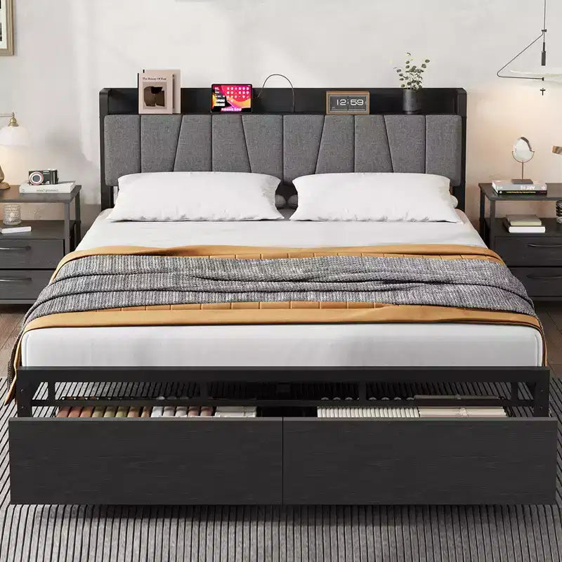Cadre de lit Queen Size Garvee avec tête de lit de rangement, plateforme industrielle Queen avec 2 tiroirs et station de charge, noir, sommier tapissier non requis