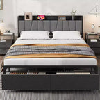 Cadre de lit Queen Size Garvee avec tête de lit de rangement, plateforme industrielle Queen avec 2 tiroirs et station de charge, noir, sommier tapissier non requis