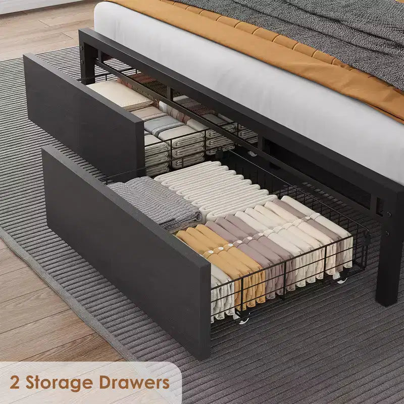 Cadre de lit Queen Size Garvee avec tête de lit de rangement, plateforme industrielle Queen avec 2 tiroirs et station de charge, noir, sommier tapissier non requis