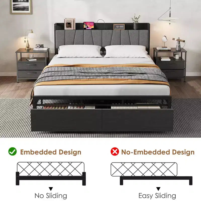 Cadre de lit Queen Size Garvee avec tête de lit de rangement, plateforme industrielle Queen avec 2 tiroirs et station de charge, noir, sommier tapissier non requis