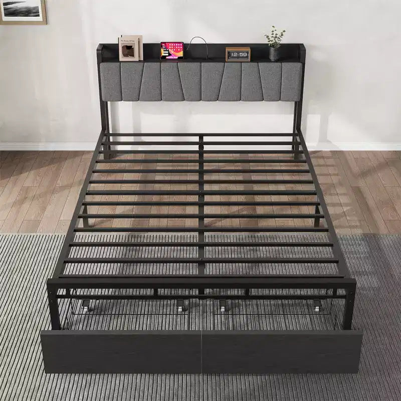 Cadre de lit Queen Size Garvee avec tête de lit de rangement, plateforme industrielle Queen avec 2 tiroirs et station de charge, noir, sommier tapissier non requis
