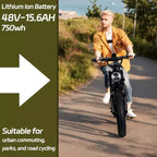 Vélo électrique tout-terrain pour adultes, pneus larges 20 x 4,0, moteur 750W avec batterie amovible 48V 15,6Ah