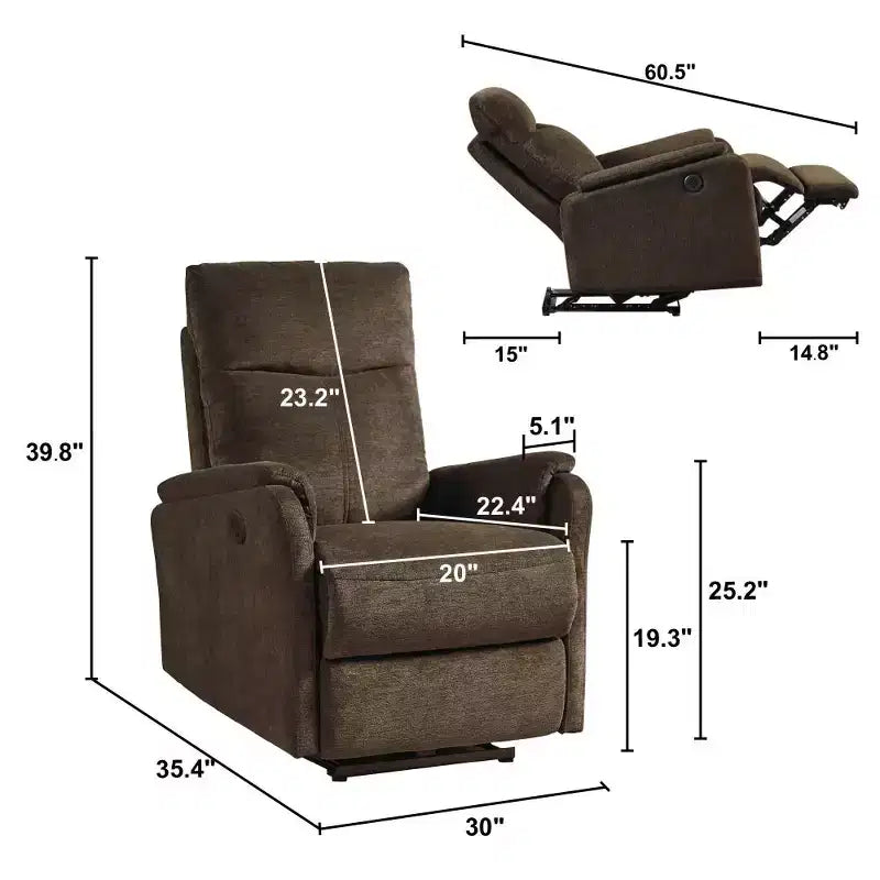Fauteuil inclinable électrique Whisen avec ports USB, facile à nettoyer, peu encombrant et appuie-tête intégré