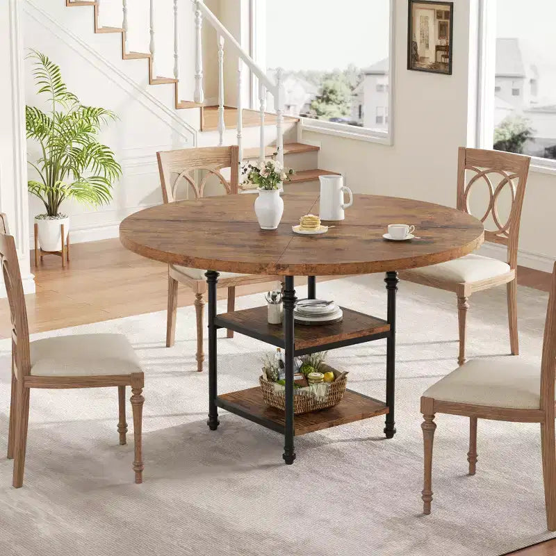 Table à manger ronde pour 4-6 personnes, Table de cuisine ronde en bois, Table à manger moderne à 3 niveaux avec étagères de rangement, pour salle à manger, salon (Table seulement)