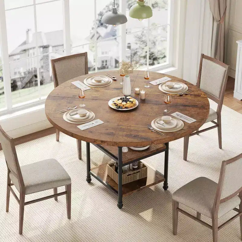 Table à manger ronde pour 4-6 personnes, Table de cuisine ronde en bois, Table à manger moderne à 3 niveaux avec étagères de rangement, pour salle à manger, salon (Table seulement)