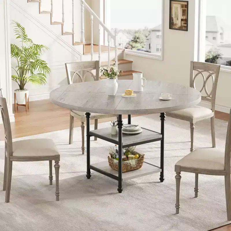 Table à manger ronde pour 4-6 personnes, Table de cuisine ronde en bois, Table à manger moderne à 3 niveaux avec étagères de rangement, pour salle à manger, salon (Table seulement)