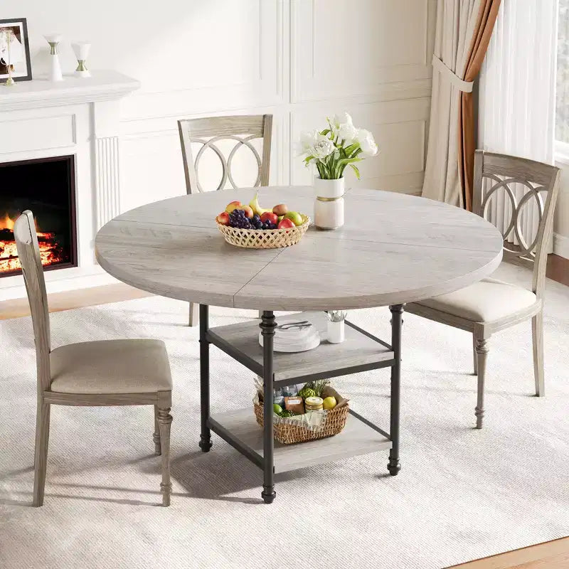 Table à manger ronde pour 4-6 personnes, Table de cuisine ronde en bois, Table à manger moderne à 3 niveaux avec étagères de rangement, pour salle à manger, salon (Table seulement)