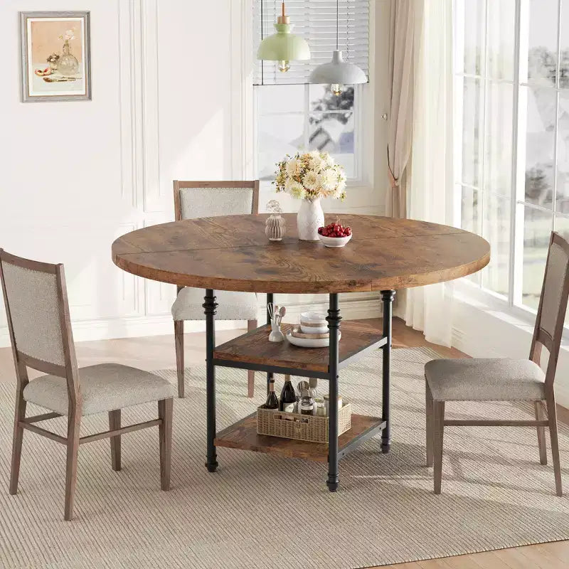 Table à manger ronde pour 4-6 personnes, Table de cuisine ronde en bois, Table à manger moderne à 3 niveaux avec étagères de rangement, pour salle à manger, salon (Table seulement)