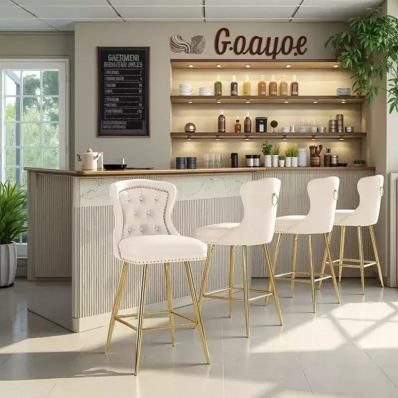 MAYEERTY Tabourets de bar en velours beige, lot de 2, avec dossier capitonné et pieds en métal pour îlot de cuisine et bar