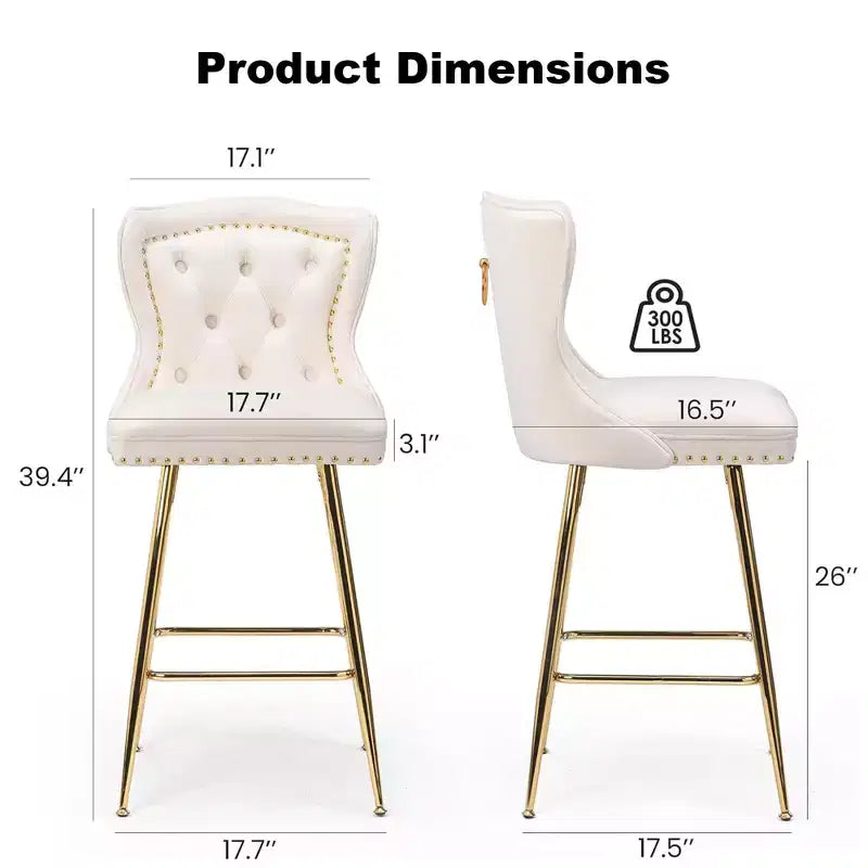 MAYEERTY Tabourets de bar en velours beige, lot de 2, avec dossier capitonné et pieds en métal pour îlot de cuisine et bar