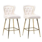 MAYEERTY Tabourets de bar en velours beige, lot de 2, avec dossier capitonné et pieds en métal pour îlot de cuisine et bar