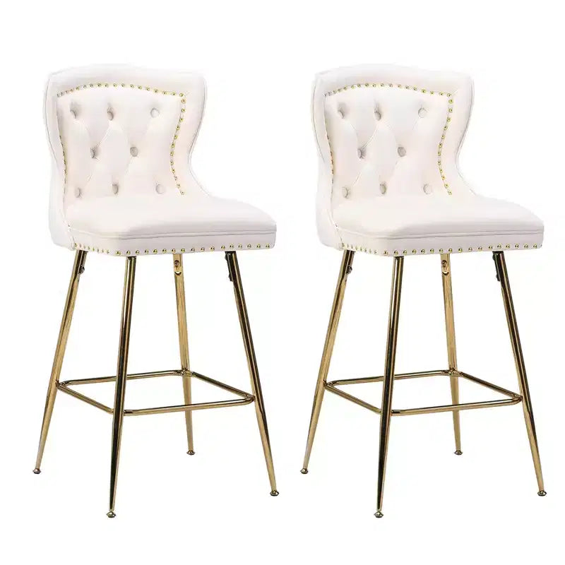 MAYEERTY Tabourets de bar en velours beige, lot de 2, avec dossier capitonné et pieds en métal pour îlot de cuisine et bar