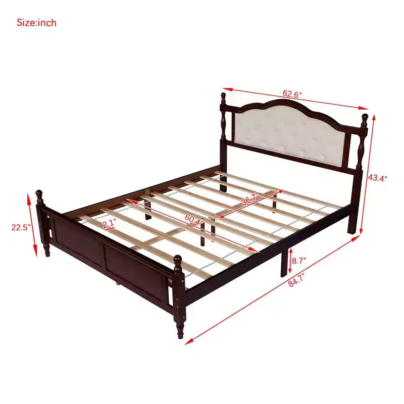 Lit en bois de pin MATEERTY Queen avec pied de lit à panneaux, deux pieds de support de longeron de lit et pieds de support de plateforme centrale, marron