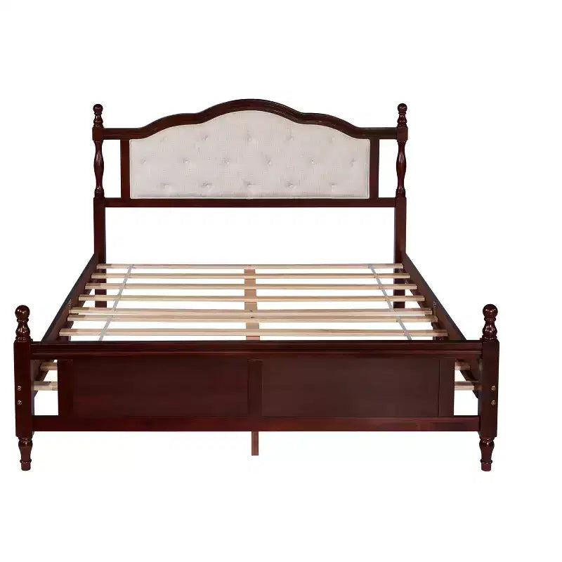 Lit en bois de pin MATEERTY Queen avec pied de lit à panneaux, deux pieds de support de longeron de lit et pieds de support de plateforme centrale, marron