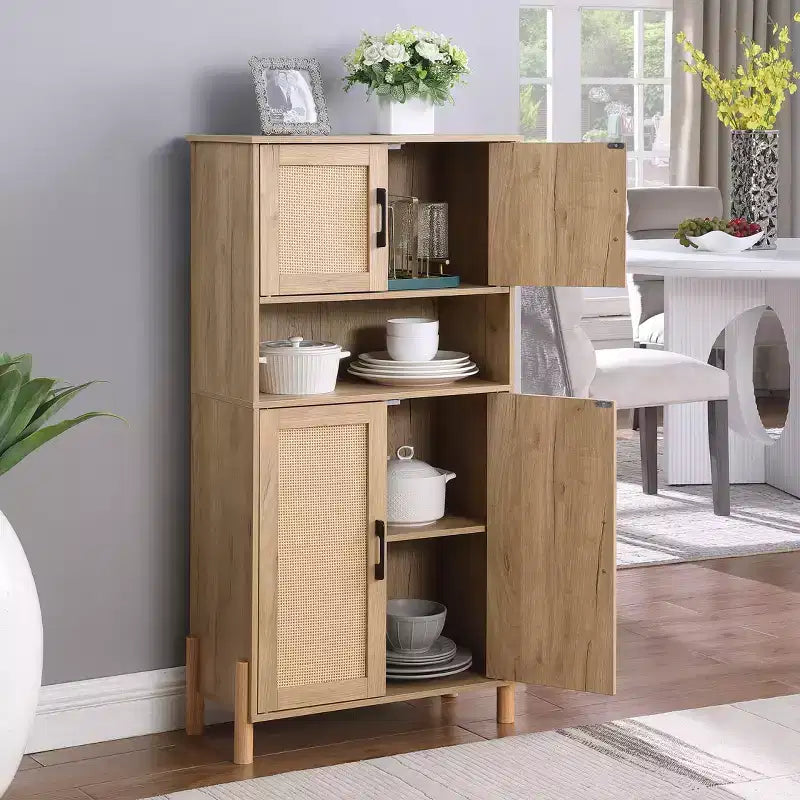 GDFStudio Malphite Meuble de rangement de style Mid-Century Modern 60 cm avec portes en rotin tissé et étagères réglables