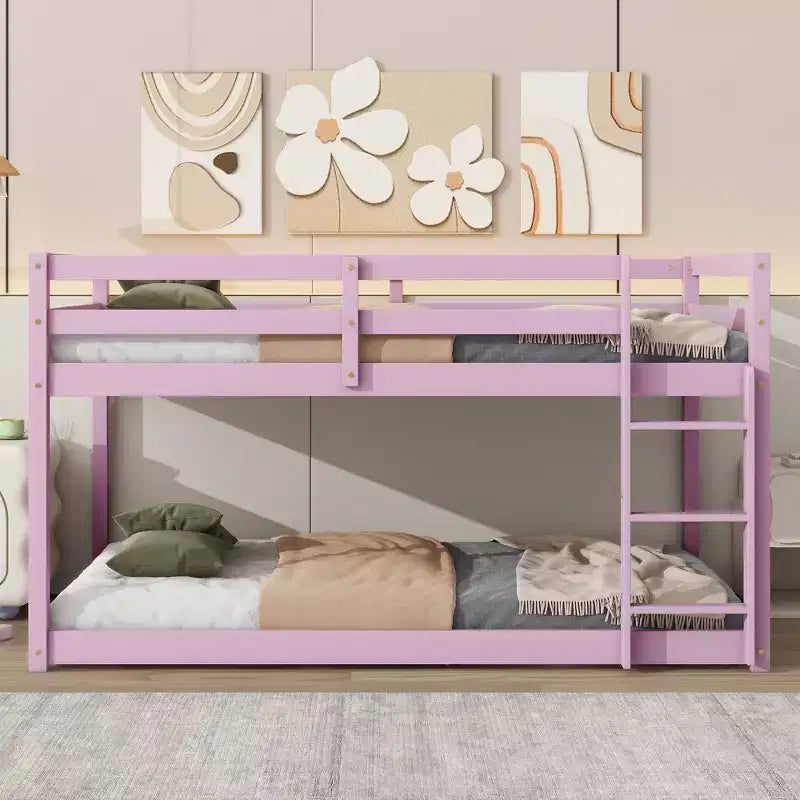 MATEERTY Solid Wooden, Twin Floor Bunk Bed wit Ladder, Upper and Bottom Bed Platforms Crafted with Stregthened Slats Pink
