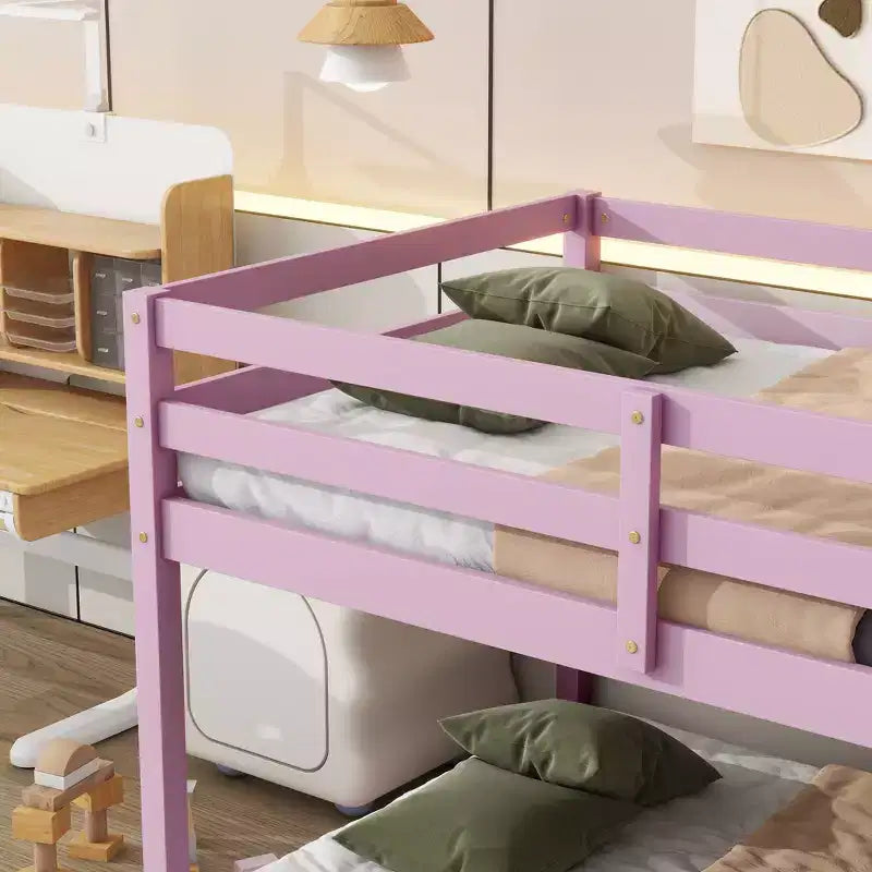 MATEERTY Lit superposé en bois massif, jumeau, avec échelle, plateformes supérieure et inférieure fabriquées avec des lattes renforcées, rose
