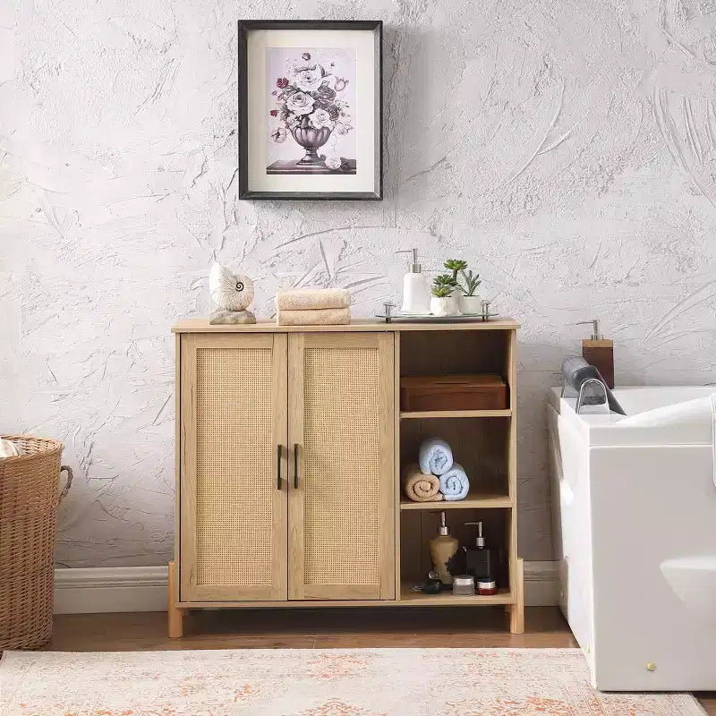 GDFStudio Riven Mid-Century Modern 35.4'' Storage Cabinet with Woven Rattan Doors, Open Shelves and Adjustable Shelves