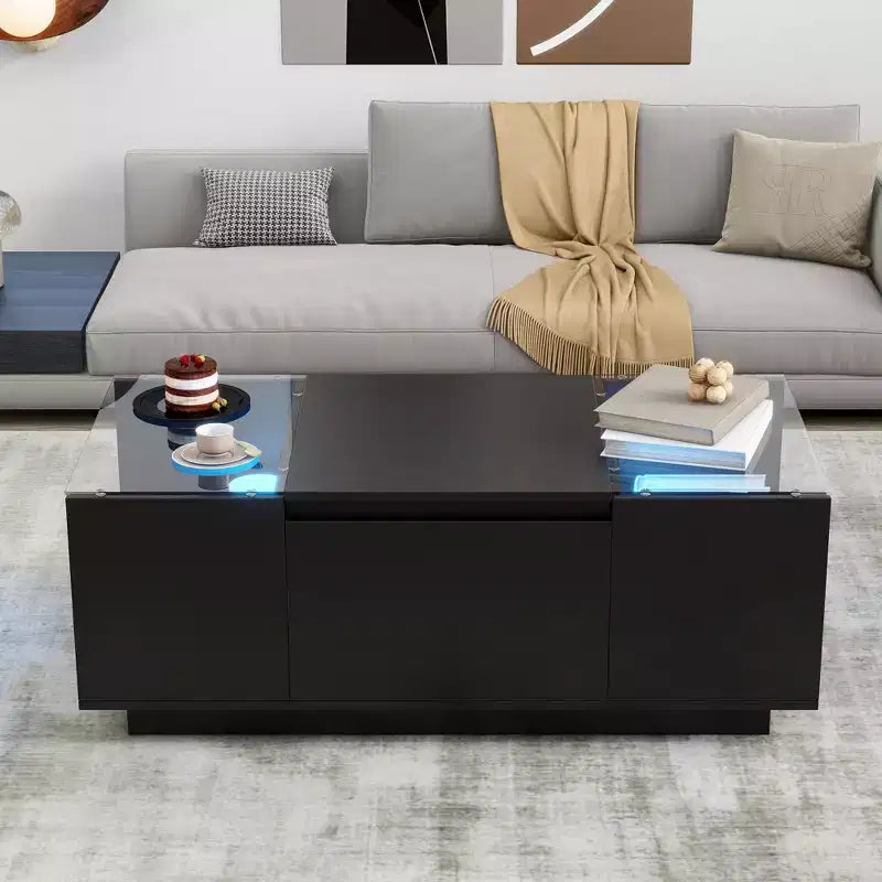 Table basse LED moderne CLIHOME avec plateau en verre, table basse avec compartiment de rangement ouvert et 2 tiroirs cachés