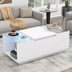 Table basse LED moderne CLIHOME avec plateau en verre, table basse avec compartiment de rangement ouvert et 2 tiroirs cachés