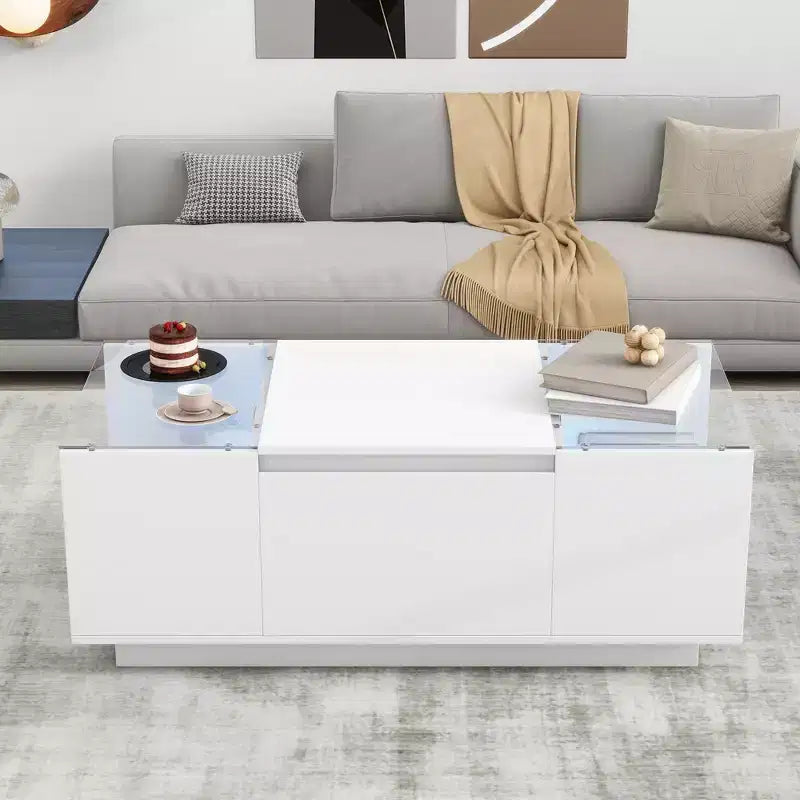 Table basse LED moderne CLIHOME avec plateau en verre, table basse avec compartiment de rangement ouvert et 2 tiroirs cachés