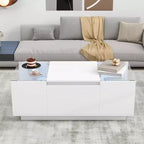 Table basse LED moderne CLIHOME avec plateau en verre, table basse avec compartiment de rangement ouvert et 2 tiroirs cachés