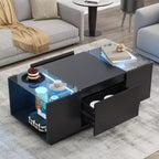 Table basse LED moderne CLIHOME avec plateau en verre, table basse avec compartiment de rangement ouvert et 2 tiroirs cachés