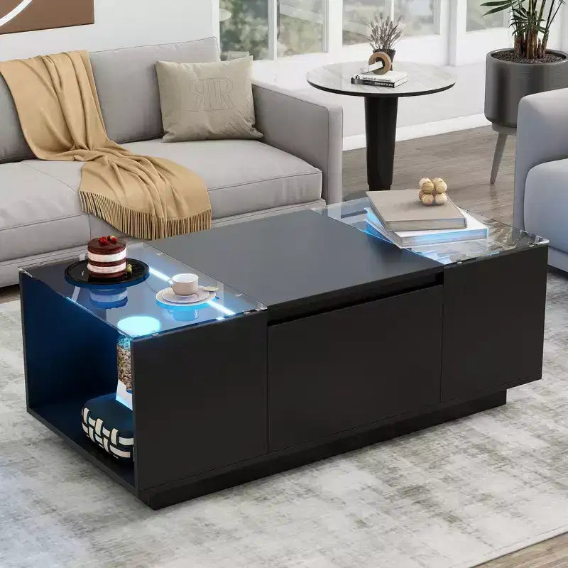 Table basse LED moderne CLIHOME avec plateau en verre, table basse avec compartiment de rangement ouvert et 2 tiroirs cachés