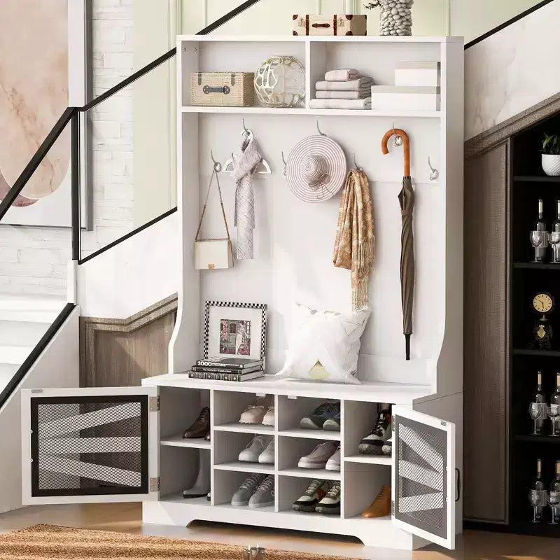 CLIHOME 43.3 Banc d'entrée avec porte-manteau, meuble d'entrée 3-en-1 avec 7 crochets et étagères réglables