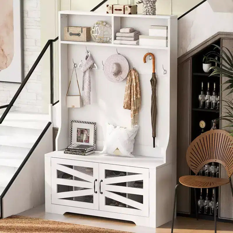 CLIHOME 43.3 Banc d'entrée avec porte-manteau, meuble d'entrée 3-en-1 avec 7 crochets et étagères réglables