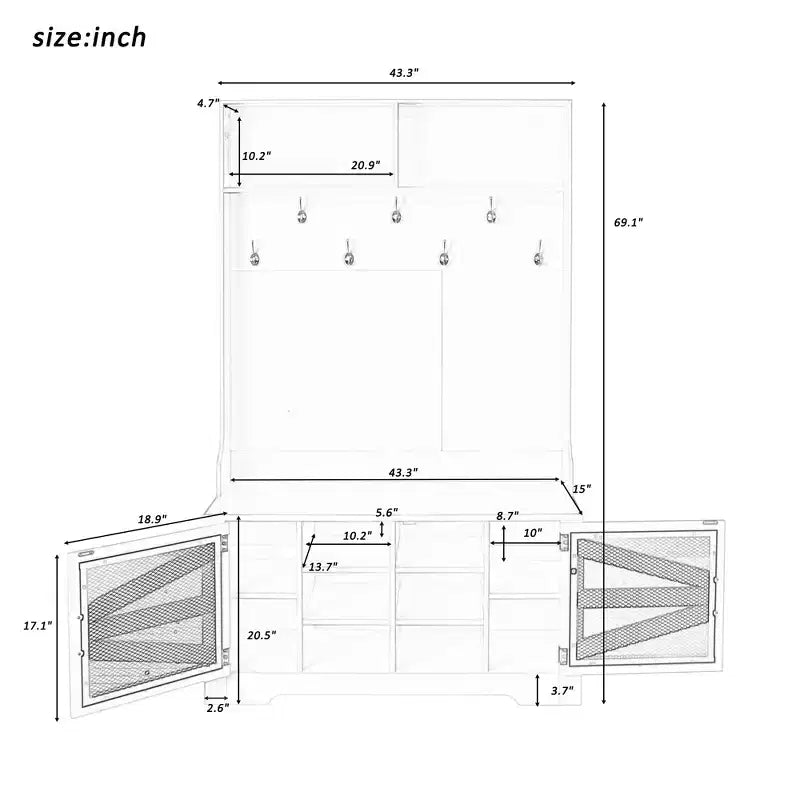 CLIHOME 43.3 Banc d'entrée avec porte-manteau, meuble d'entrée 3-en-1 avec 7 crochets et étagères réglables