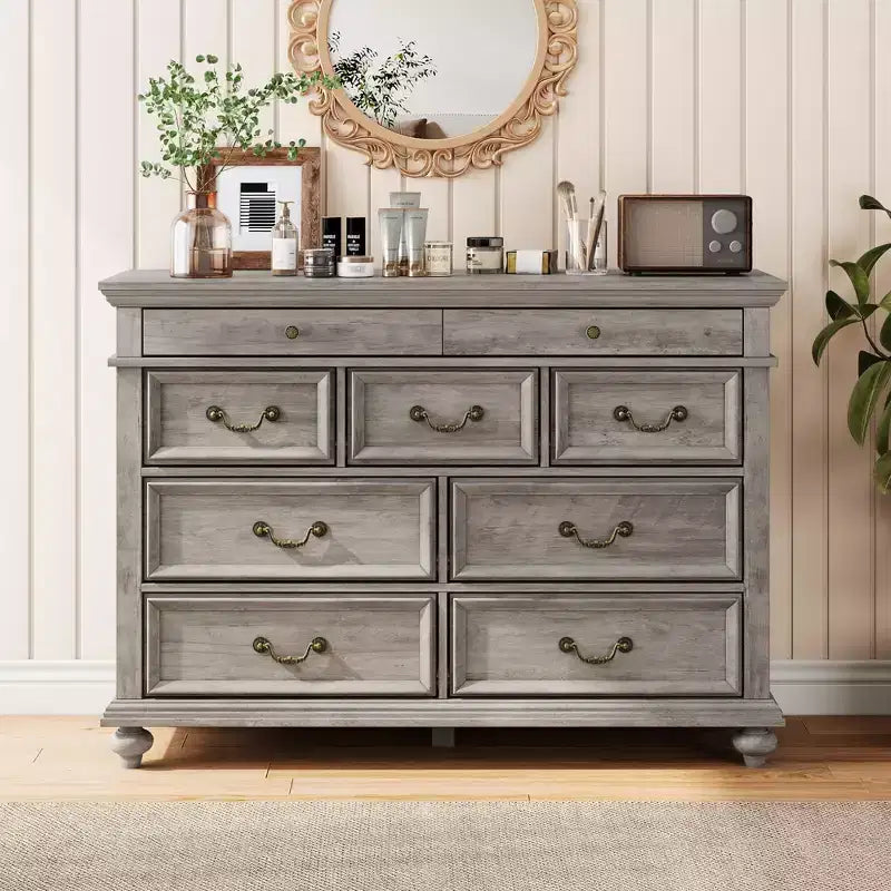 Commode de Ferme à 9 Tiroirs pour Chambre à Coucher, Large Commode Rustique en Bois de 47" avec 9 Tiroirs et Poignées en Métal, Grand Organiseur de Rangement