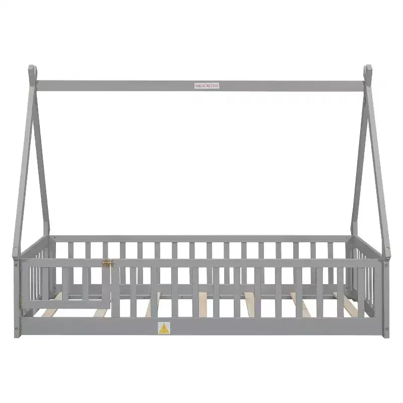 Lit de plancher MAYEERTY en forme de tente jumelle avec garde-corps de sécurité gris