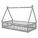 Lit de plancher MAYEERTY en forme de tente jumelle avec garde-corps de sécurité gris
