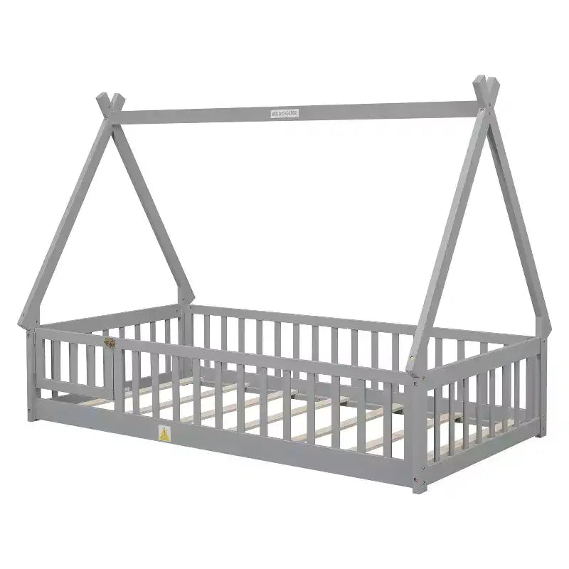 Lit de plancher MAYEERTY en forme de tente jumelle avec garde-corps de sécurité gris