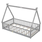 Lit de plancher MAYEERTY en forme de tente jumelle avec garde-corps de sécurité gris