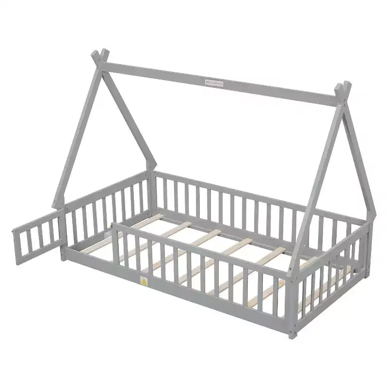 Lit de plancher MAYEERTY en forme de tente jumelle avec garde-corps de sécurité gris