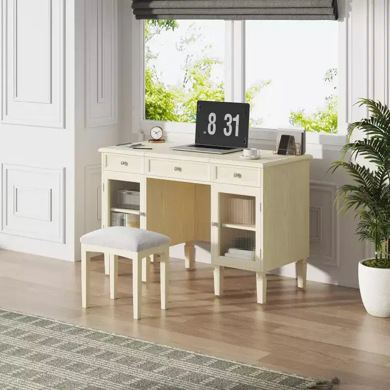 Table de maquillage ModernLuxe avec miroir rabattable, tabouret, tiroir et meuble de rangement, Coiffeuse blanche, Bureau d'ordinateur multifonctionnel