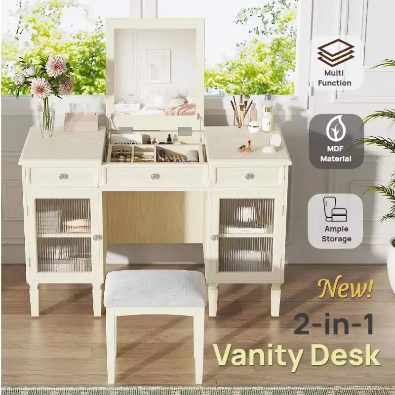 Table de maquillage ModernLuxe avec miroir rabattable, tabouret, tiroir et meuble de rangement, Coiffeuse blanche, Bureau d'ordinateur multifonctionnel