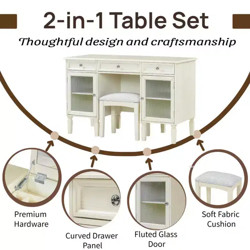 Table de maquillage ModernLuxe avec miroir rabattable, tabouret, tiroir et meuble de rangement, Coiffeuse blanche, Bureau d'ordinateur multifonctionnel