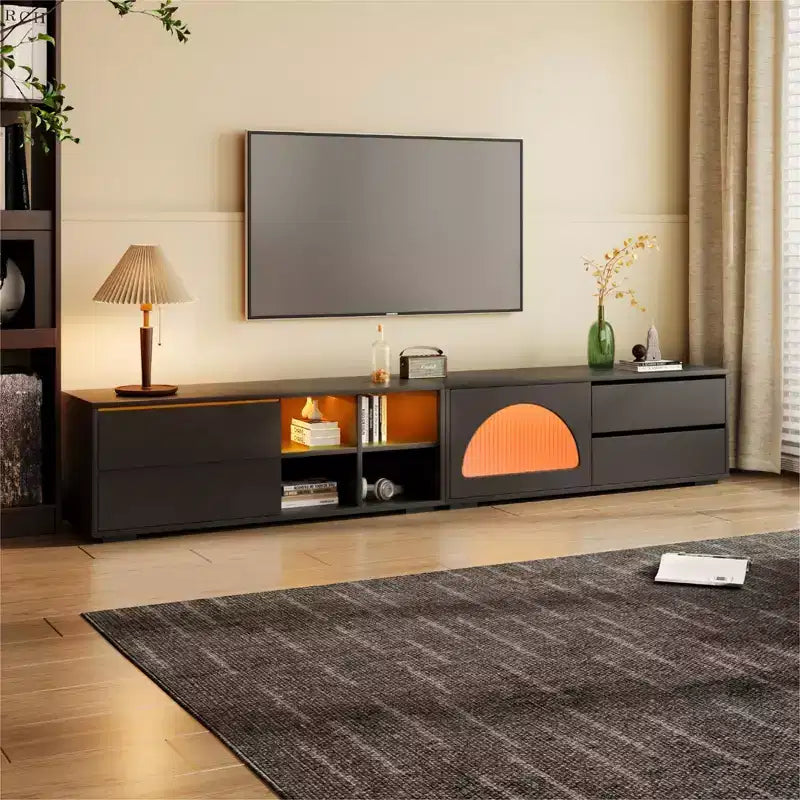 MAYEERTY Modern TV Stand for 100 TVs - Fluted Glass Door, LED Lights, Sliding Door, 2 Drawers, White